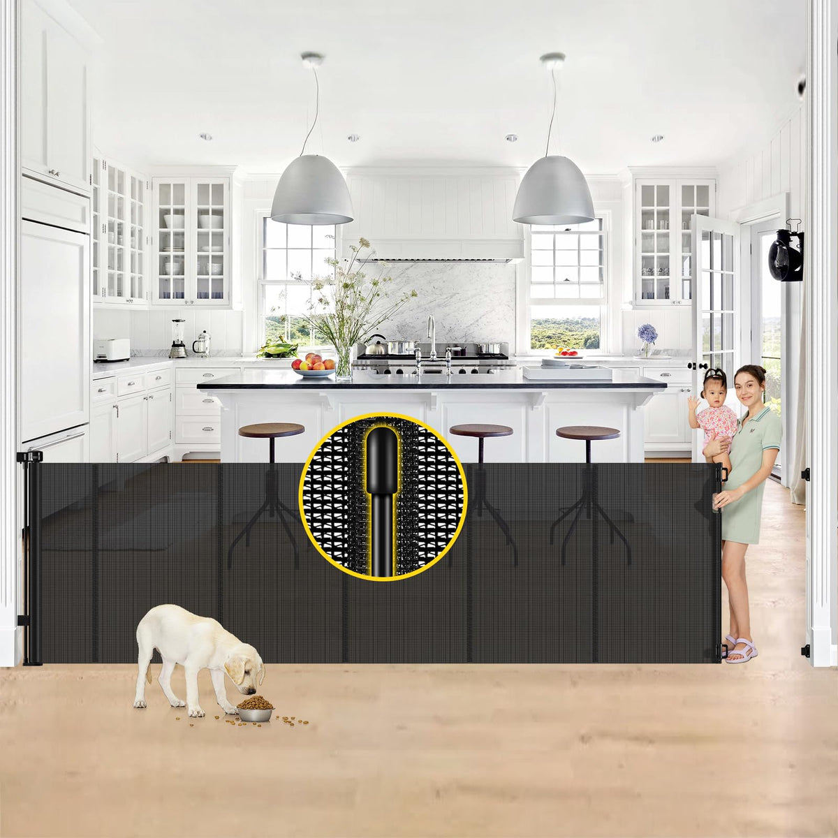 Reinforced 42" Tall x 130” Extra Wide Retractable Baby Gates Tall Dog Gate (Black / Reinforced 42" Tall X 130" Wide)