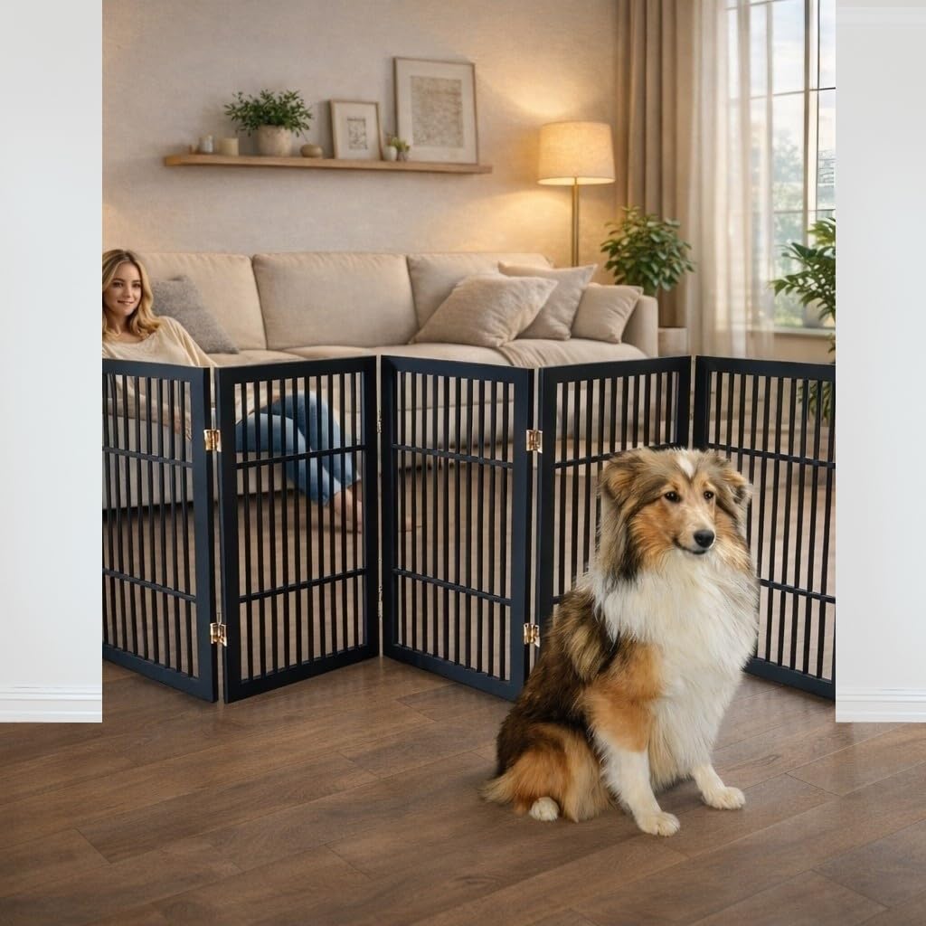 Pet Dog Gate Freestanding (5 Panel 30" Tall / Black Pet Gate)