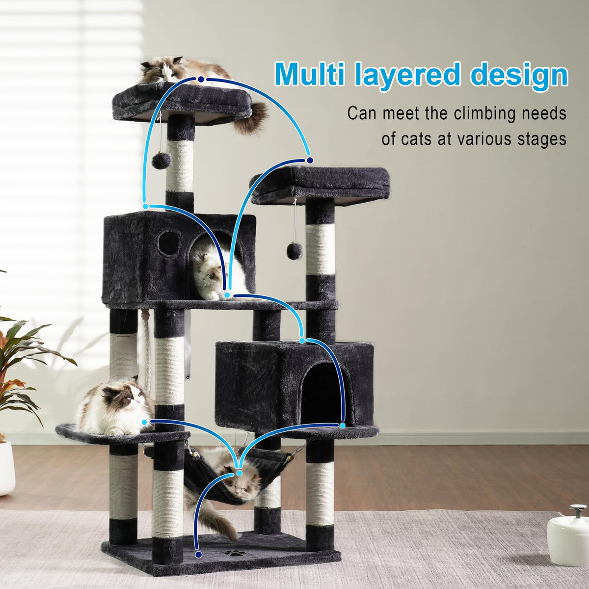 Cat Tree Tower with Sisal Scratching Posts (53.7 Inches / Smoky Gray)