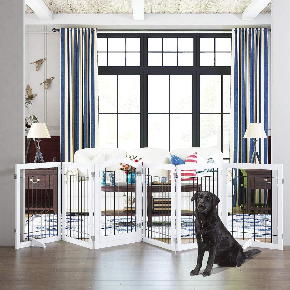 Dog Gate Indoor with Door (White / 【6 Panels with Door】144"W x 32"H)