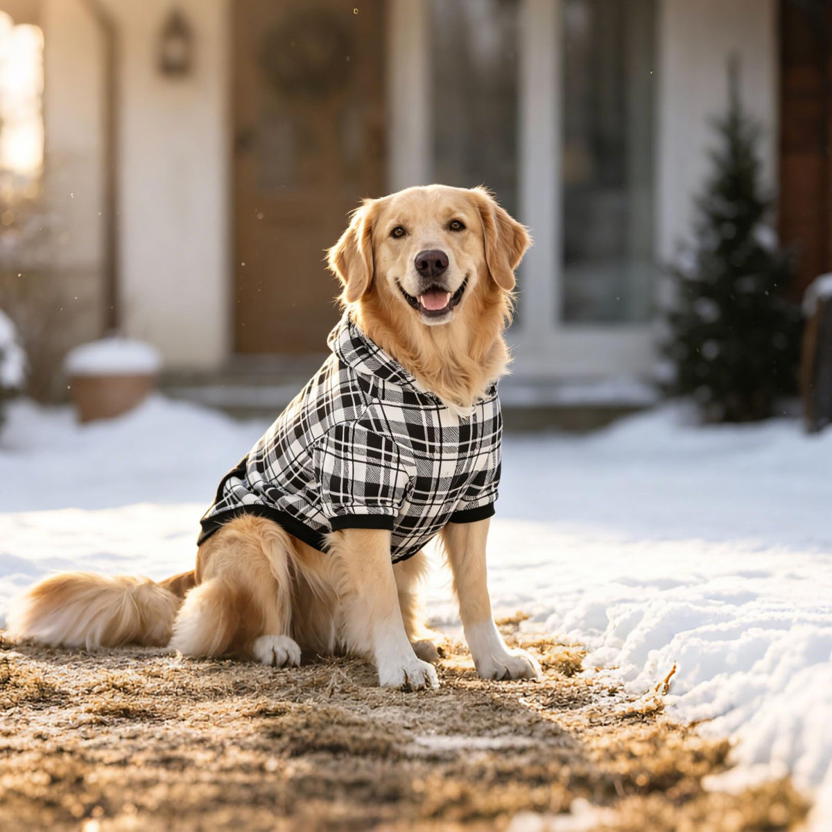 Plaid Dog Hoodie (Black & White / XL-XXLarge)