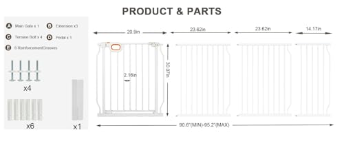 90.6 95.2 Inch Extra Wide Baby Gate for Stairs Doorways (White / 90.6-95.2inch)