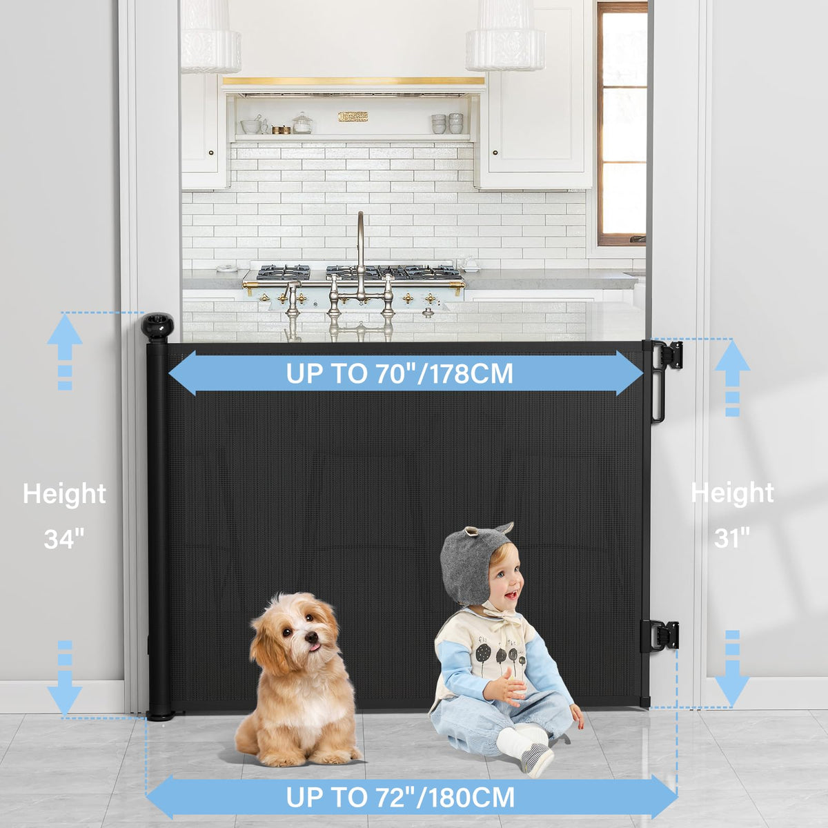 Retractable Baby & Dog Gate (A-black / 34" Tall x 72" Wide)