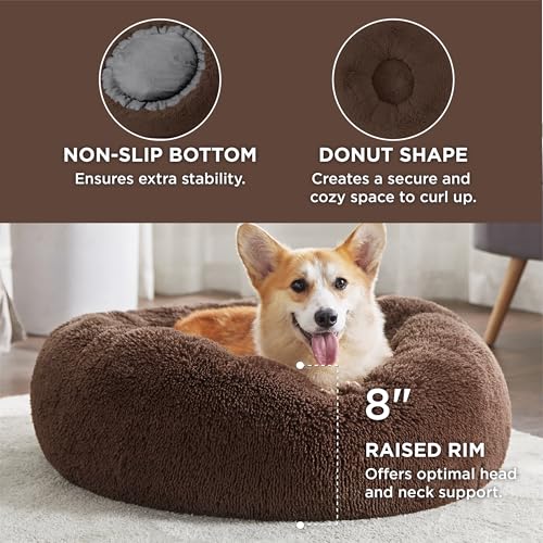 Calming Dog Bed Medium Large Size Dogs Washable Pet Bed (33"L x 33"W x 8"Th / Coffee)
