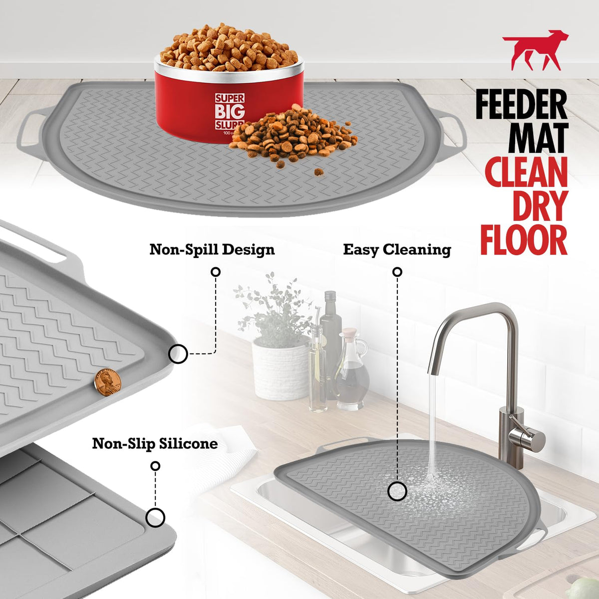 26x21 Large Waterproof Pet Feeding Mat (Gray / Semi Circle Large - 26" x 21")
