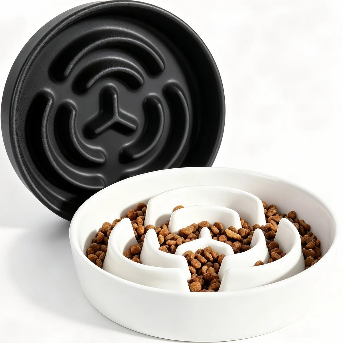 2 Pack Ceramic Slow Feeder Dog Bowls 1.6 Cups for Medium & Small Fast Eater (White + Black / 2 Pack M - 1.6 Cups)