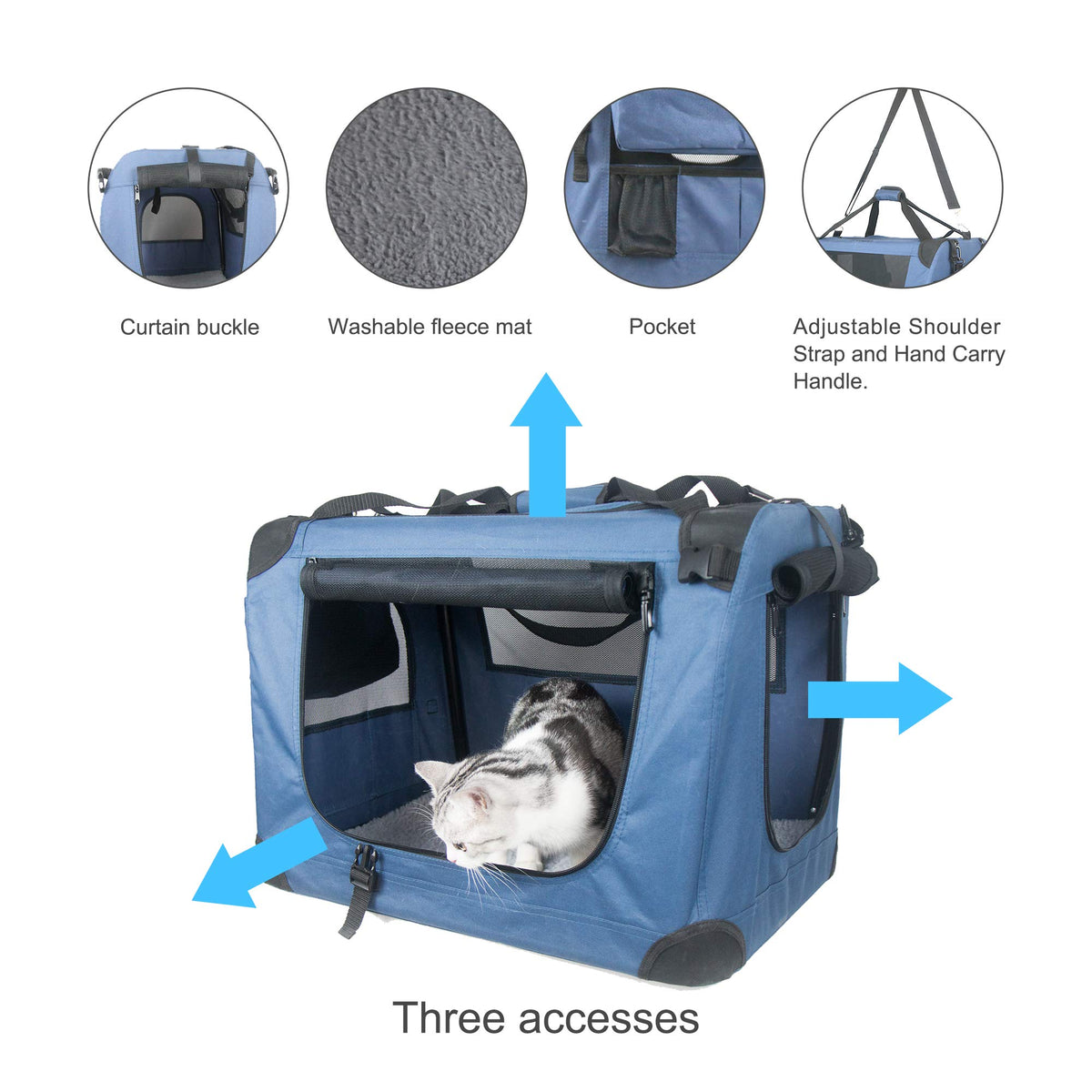 Large Cat Carrier 24"x16.5"x16.5" Portable Dog Crate for Small Medium Dogs Collapsible Traveling Pet Crate with Collapsible Bowl (Blue (No Litter Box) / 24.0"L x 16.5"W x 16.5"H)