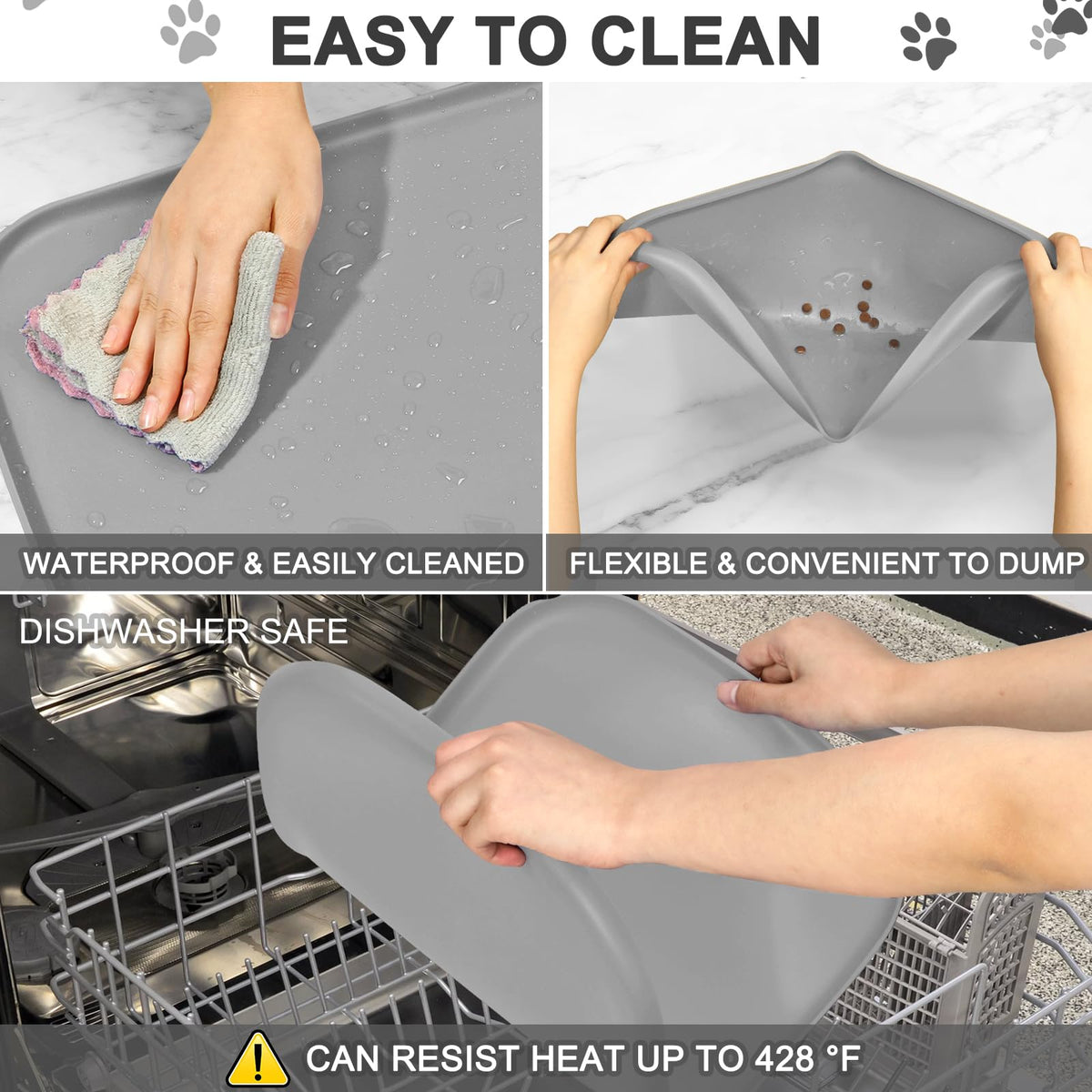Waterproof Silicone Pet Food Mat with Raised Edge for Dog & Cat (12"L x 12"W / Light Gray)