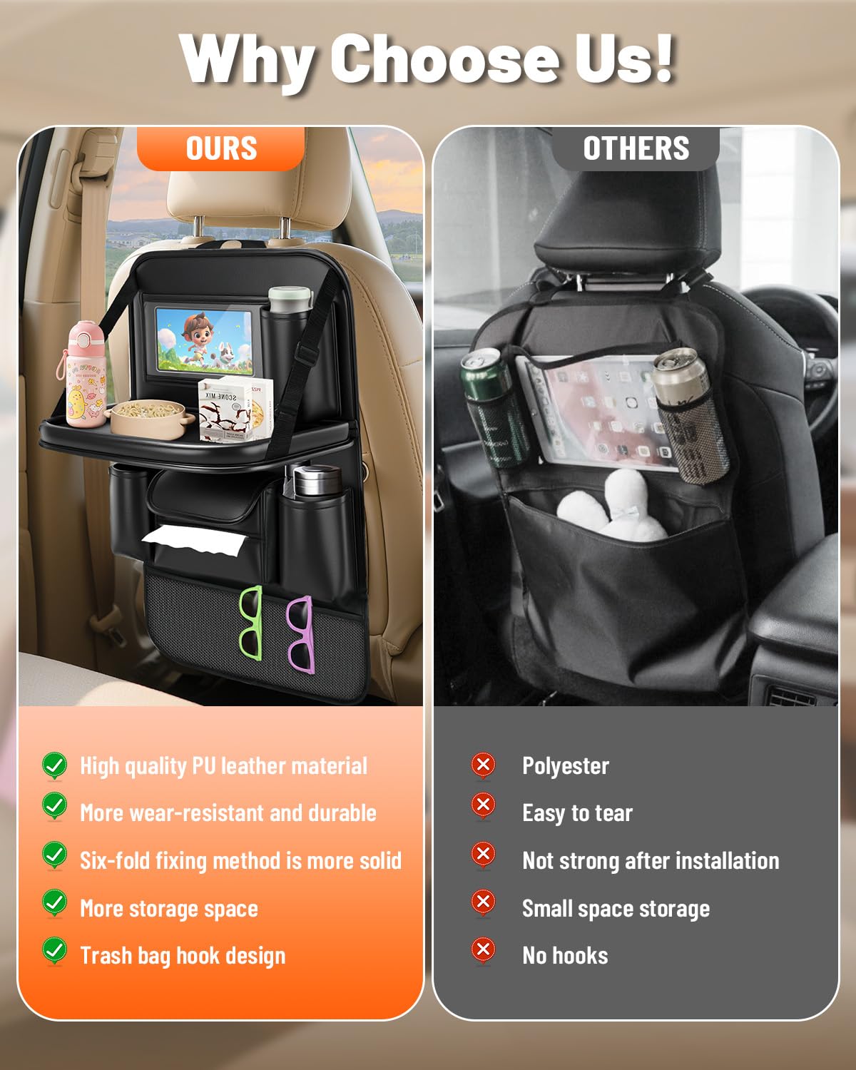 2 Pack Leather Car Backseat Organizer with Foldable Table Tray (2PCS)