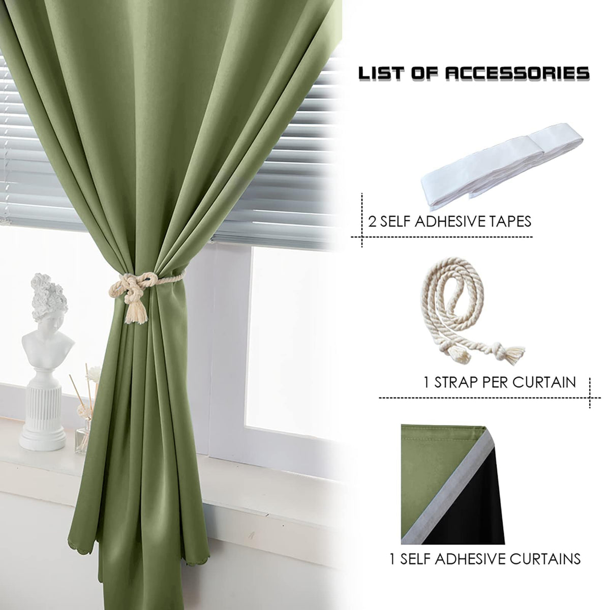 100% Blackout Self Adhesive Curtains Small Window Short Temporary Black Out Curtains Easy to Install Used for Bedroom Kitchen Window Cover (Sage Green/ Thickened / 35"W x 48"L (Pack of 1))