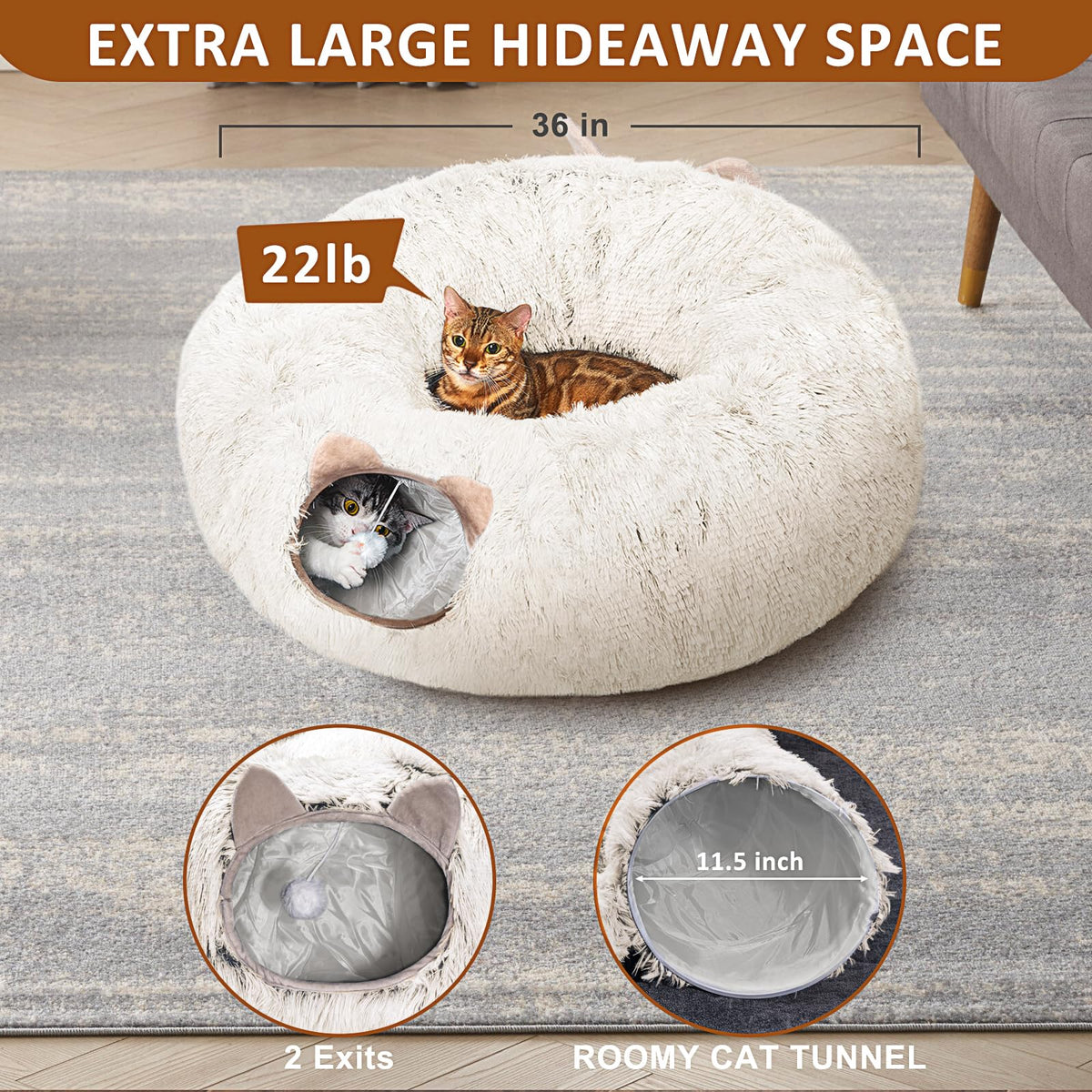 Cat Tunnel with Cat Bed for Indoor Cats (Cream white)