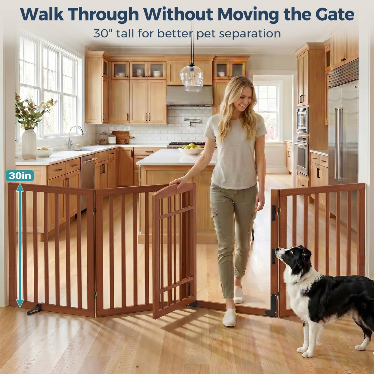 Dog Gate Indoor with Door (Walnut / 88"Wx30"H, 4-Panel)