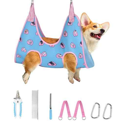 Dog Grooming Hammock for Nail Trimming (M（ Max 48 Lb：Leg space: 6.3"-13.5"） / Blue-love)