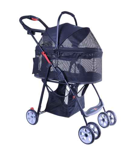 Full Window pet Stroller with Detachable Carrier (with Detachable Basket / Black)