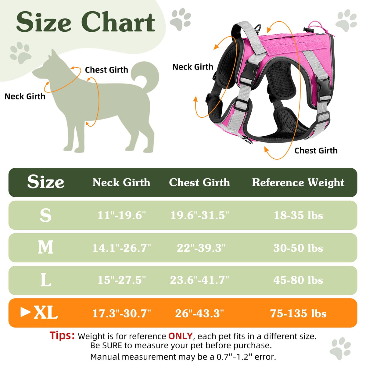 Heavy Duty Tactical Dog Harness for Large Dogs (Pink / XL (Chest: 26-43.3", Neck: 17.3-30.7"))