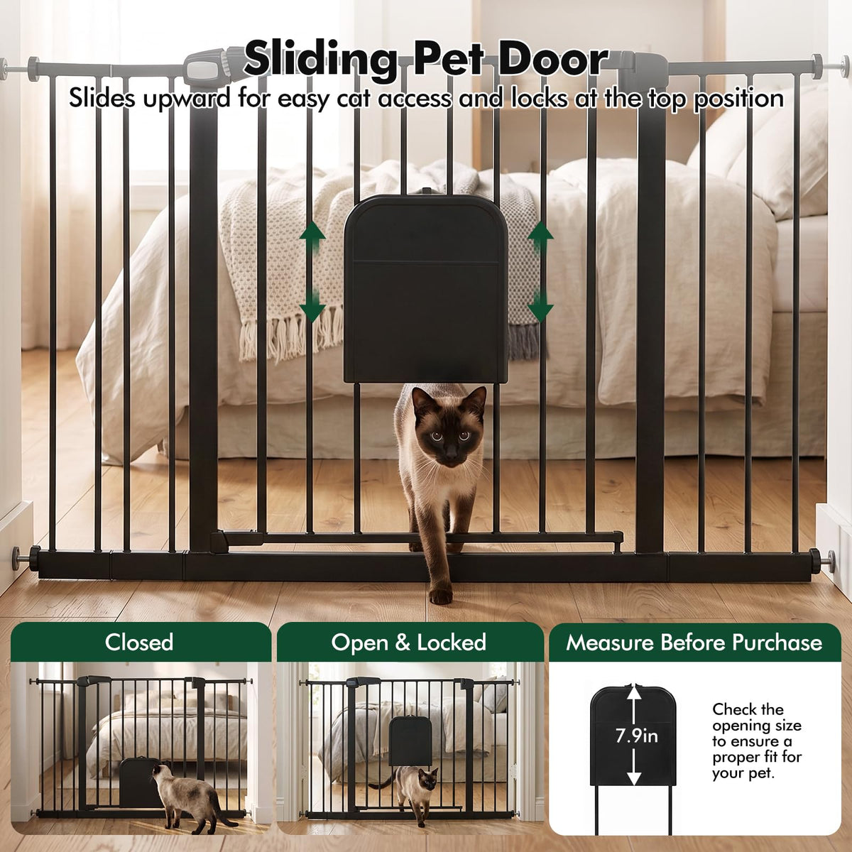 31 46“ Metal Pet Gate with Cat Door (Matte Black / 31-46"Wide,30"Tall)