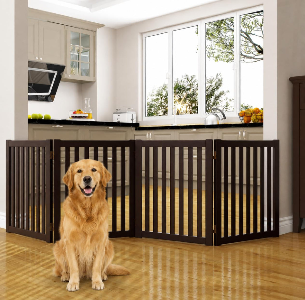 Freestanding Pet Gate 4 Panel Wooden Step Over Dog Gate (Espresso / 4 Panel 80" Wide)