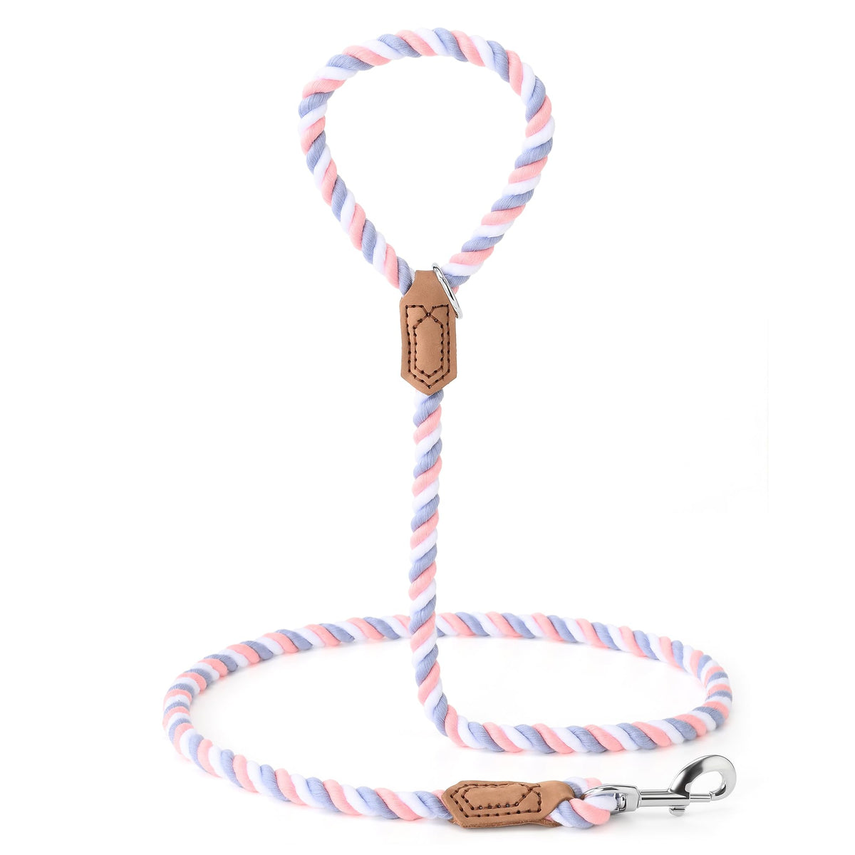 Rainbow Dog Leash Braided Cotton Rope w Leather (Pink/Purple / 72 Inch-1/2")