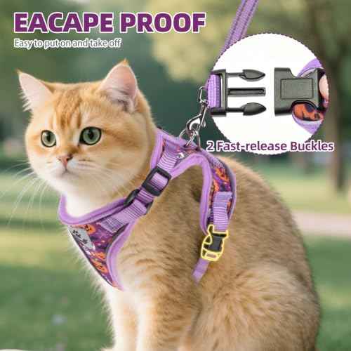 Halloween Cat Harness and Leash Set Escape Proof Reflective Cat Walking Harness Adjustable Soft Breathable Mesh Vest for Small Pets (M (NECK 11"-13.7", CHEST 16"-20") / Purple(Halloween))