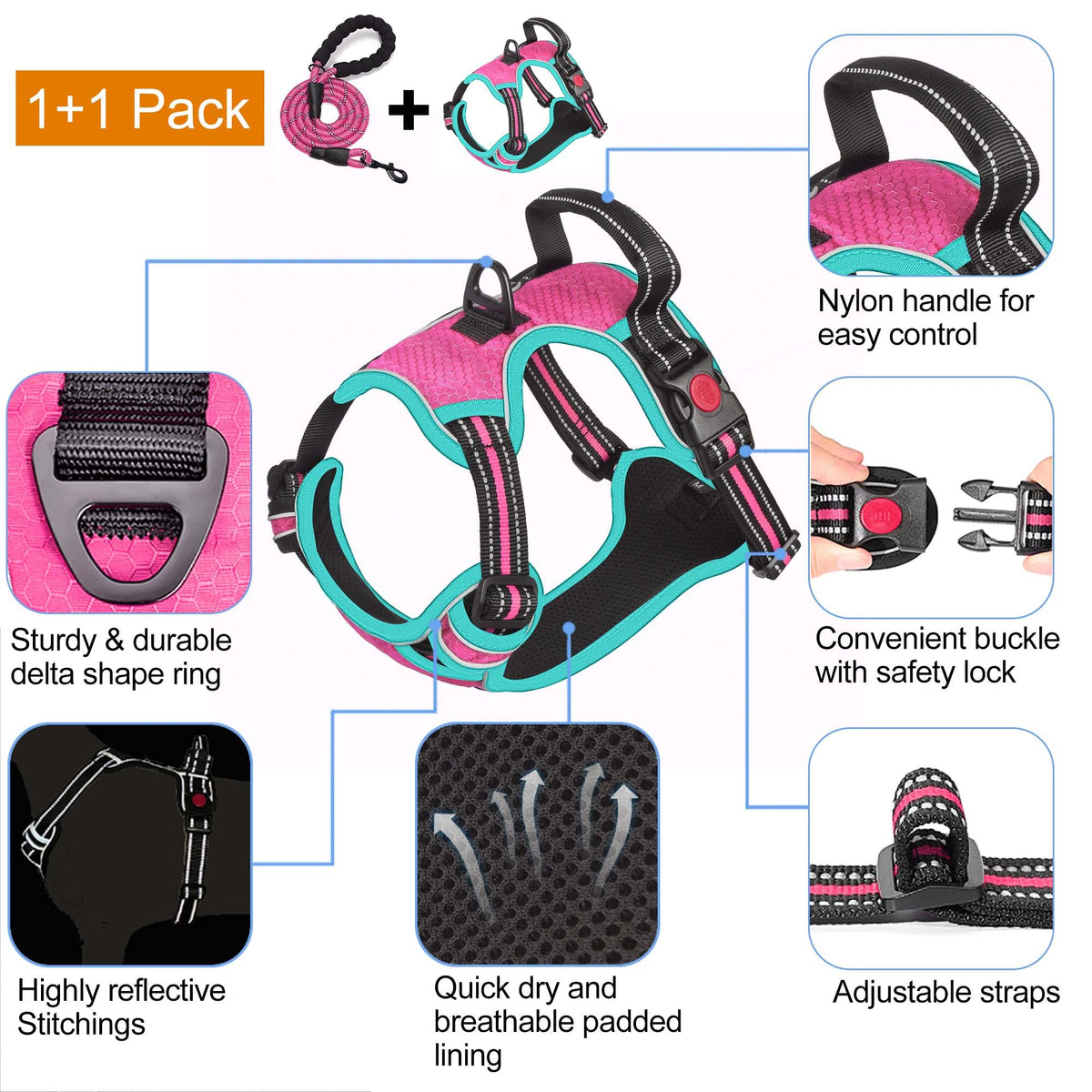 No Pull Dog Harness Adjustable Reflective Oxford Easy Control Medium Large Dog Harness with A Free Heavy Duty 5ft Dog Leash (Pink/Blue / X-Large)