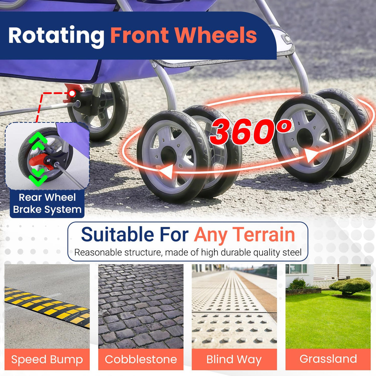 4 Wheel Foldable Pet Stroller (Purple / 4 Wheels)