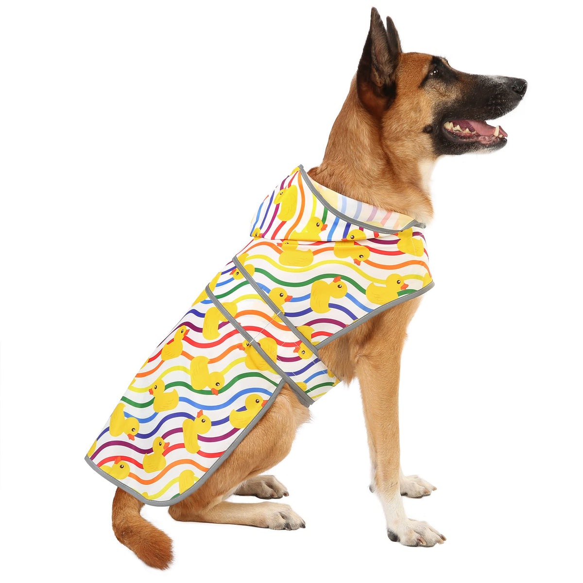 Dog Raincoat for Large Dogs Waterproof Jacket Hooded Rain Coats with Reflective Strips Leash Hole & Poncho Adjustable Fit (Rainbow Ducks / XX-Large)