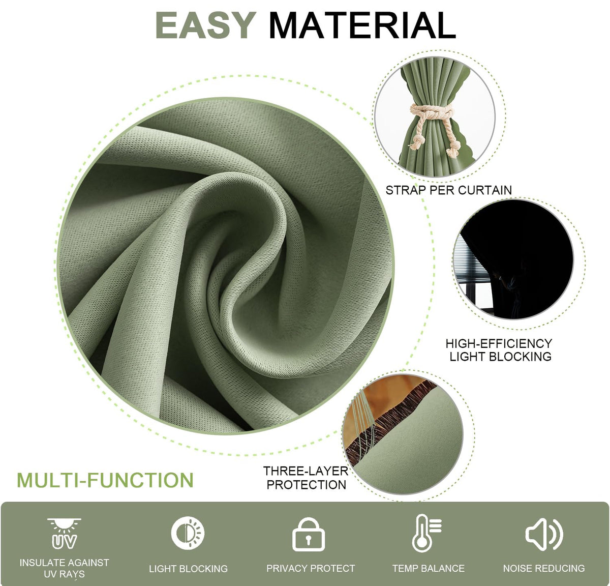 Magic Tape Blackout Curtains (47"W x 84"L (Pack of 1) / Sage Green)