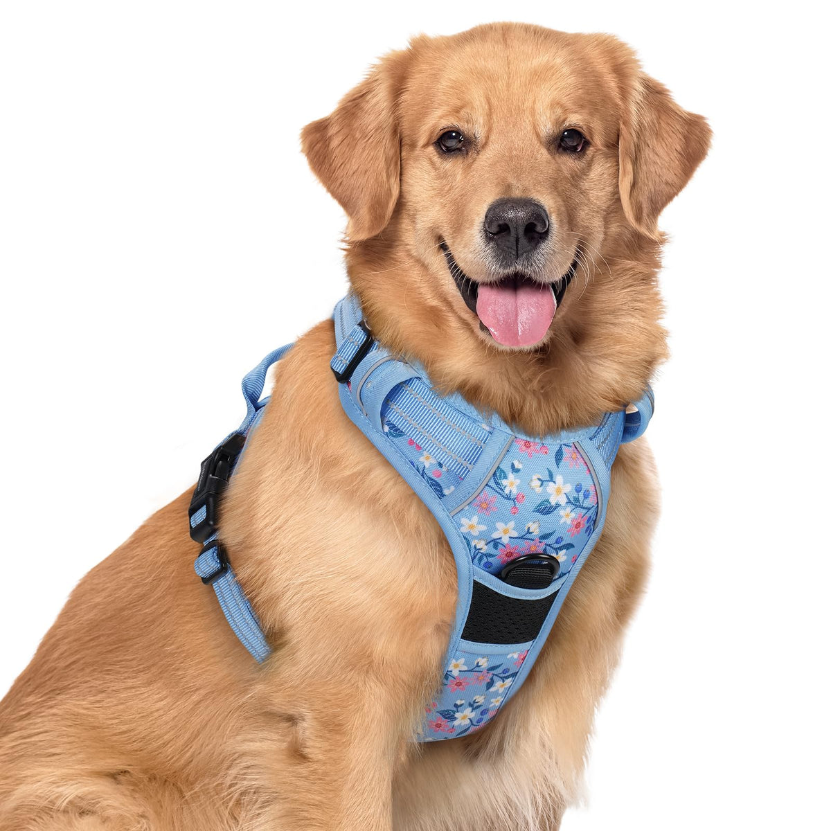 Dog Harness No Pull for Large Dogs with 2 Leash Clips (X-Large / Blue Floral)