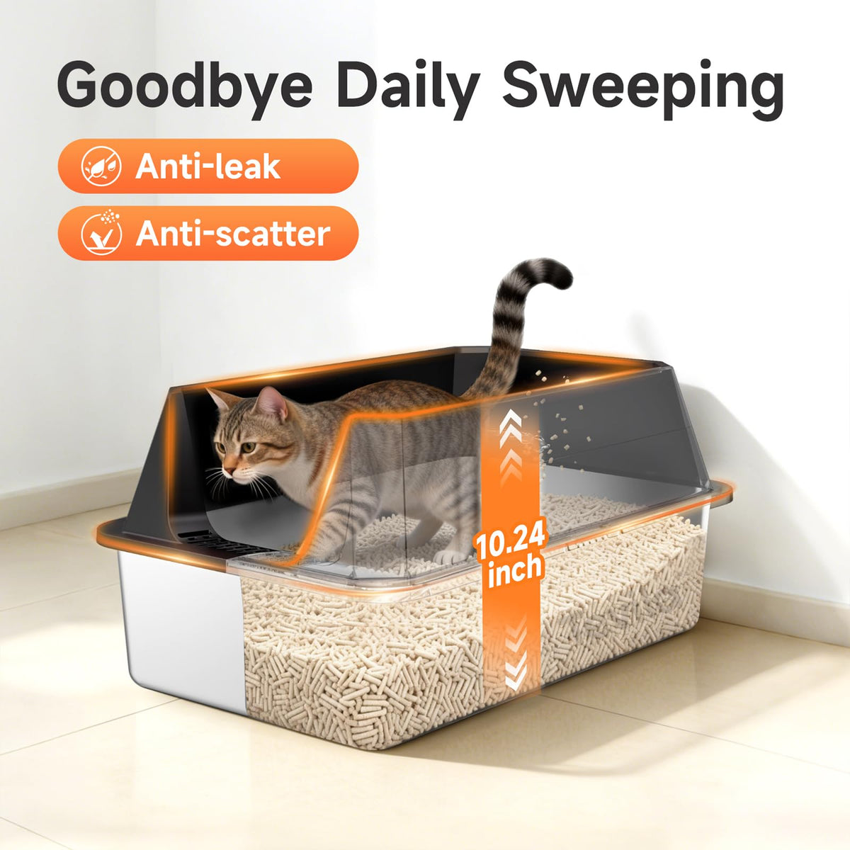 Stainless Steel Litter Box with High Sides (Black-1Pack)