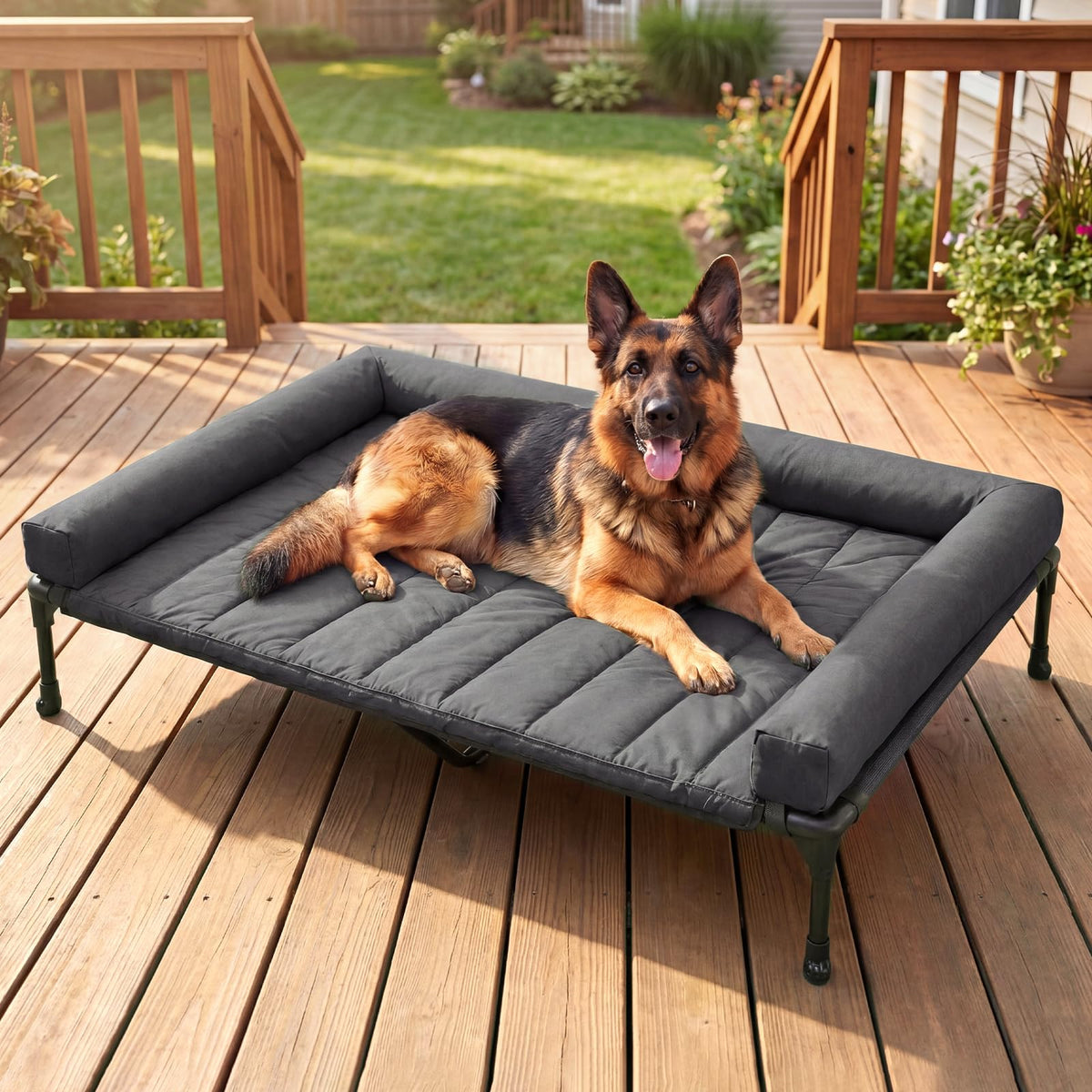 Outdoor Elevated Dog Bed with Waterproof Bolster Cushion (Black / 53.0"L x 37.5"W x 9.0"Th)