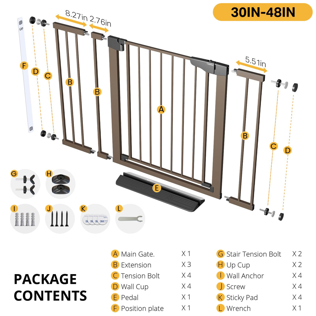 30 48 in Baby Gate for Stairs (Brown / 30-48"W x 30.5"H)