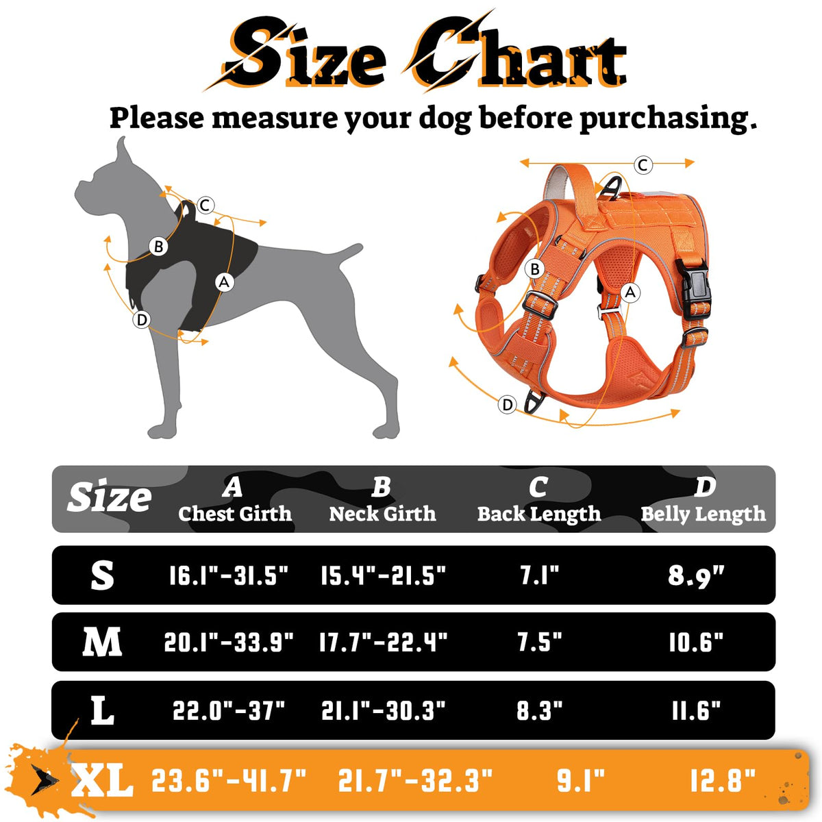 Tactical Dog Harness for Large Dogs (Xl(chest:23.6"-41.8",neck:21.7"-32.3",back:9.1") / Orange)