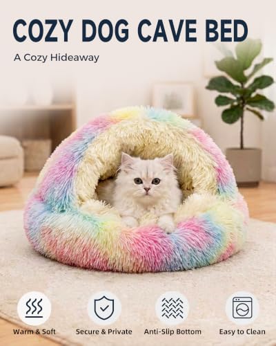 Cat Bed Round Plush Fluffy Hooded Cave (20.0"L x 20.0"W x 6.0"Th / Multicolor)