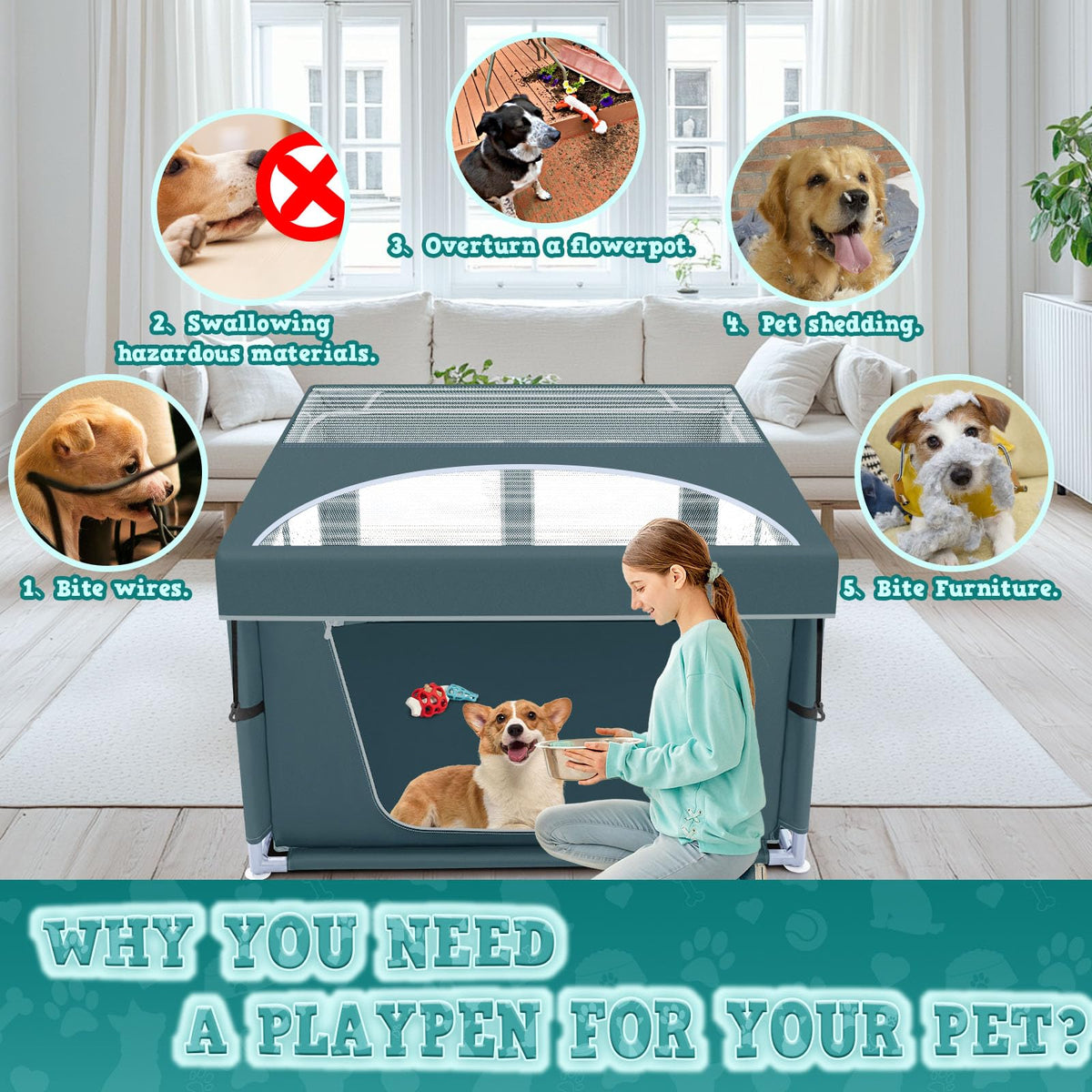 42x42 Inch Puppy Playpen with Cover (Bluish Green / 42x42 IN With Cover)