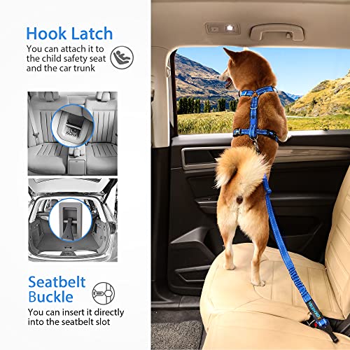 Dog Seatbelt Adjustable Reflective Bungee Car Seatbelt with Aluminum Swivel Carabiner (Indigo Bule)