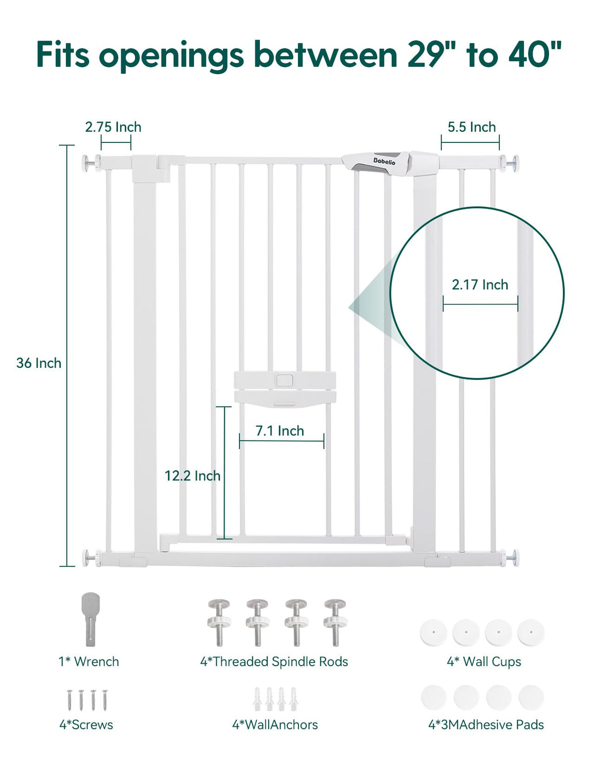 36" Tall Pet Gate with Cat Door (White / 29-40" Wide, 36" Tall)