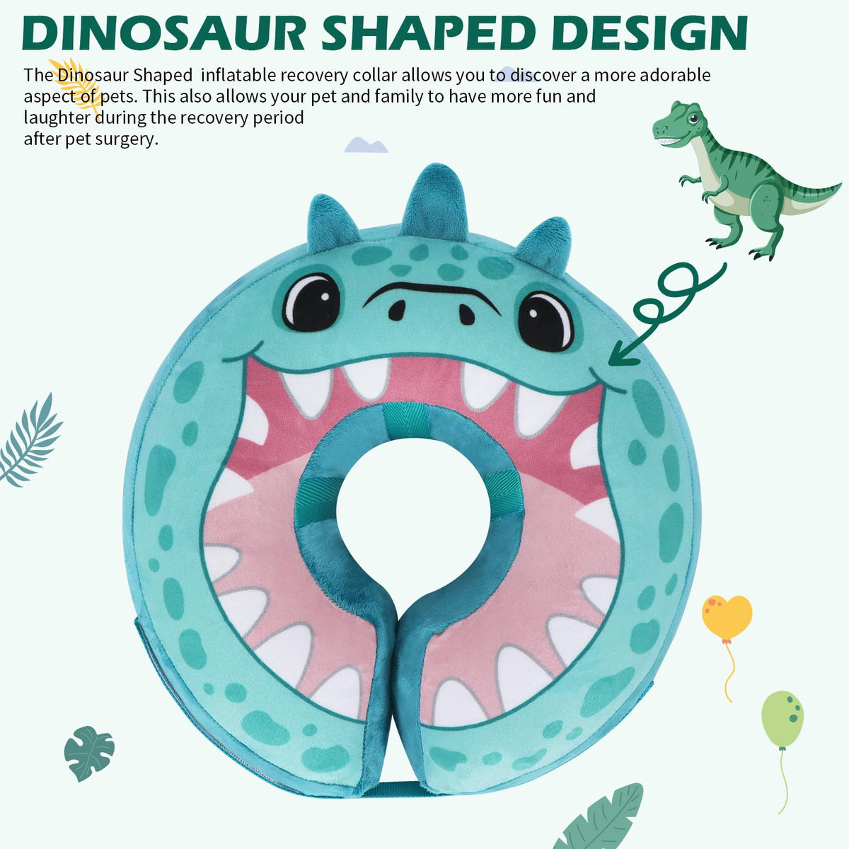 Inflatable Recovery Dog Collar (Teal Dinosaur / Large + (Neck:18''-20''))