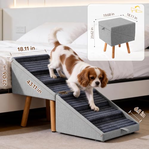 Dog Steps for Bed Pet Stairs for High Bed Converts to Nightstand (Light Grey / XXL(21.06”H))