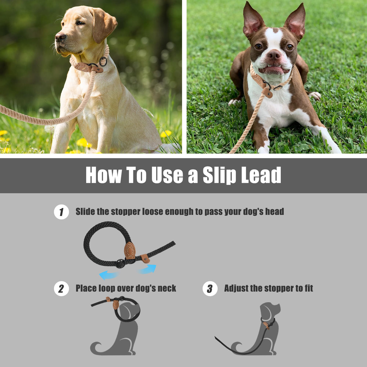 Heavy Duty Slip Lead No Pull Leash w Leather (Light Brown / 6 Feet)