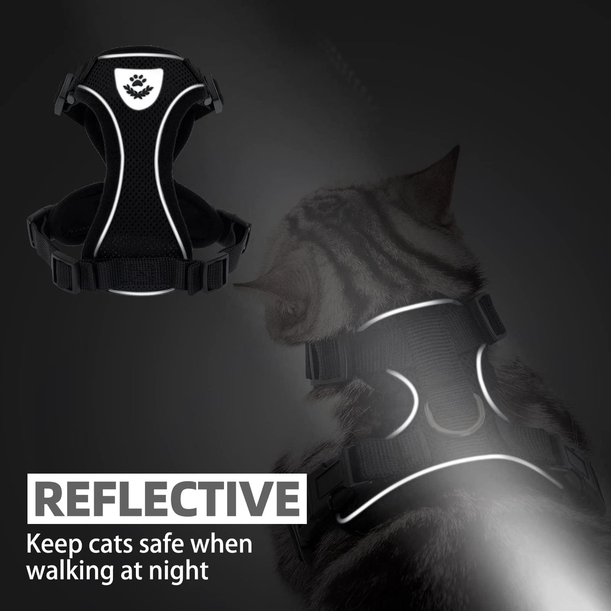 Cat Harness and Leash Set Escape Proof Reflective Cat Walking Harness Adjustable Soft Breathable Mesh Vest for Small Pets (XS (NECK 8.5", CHEST 11"-14") / Black)
