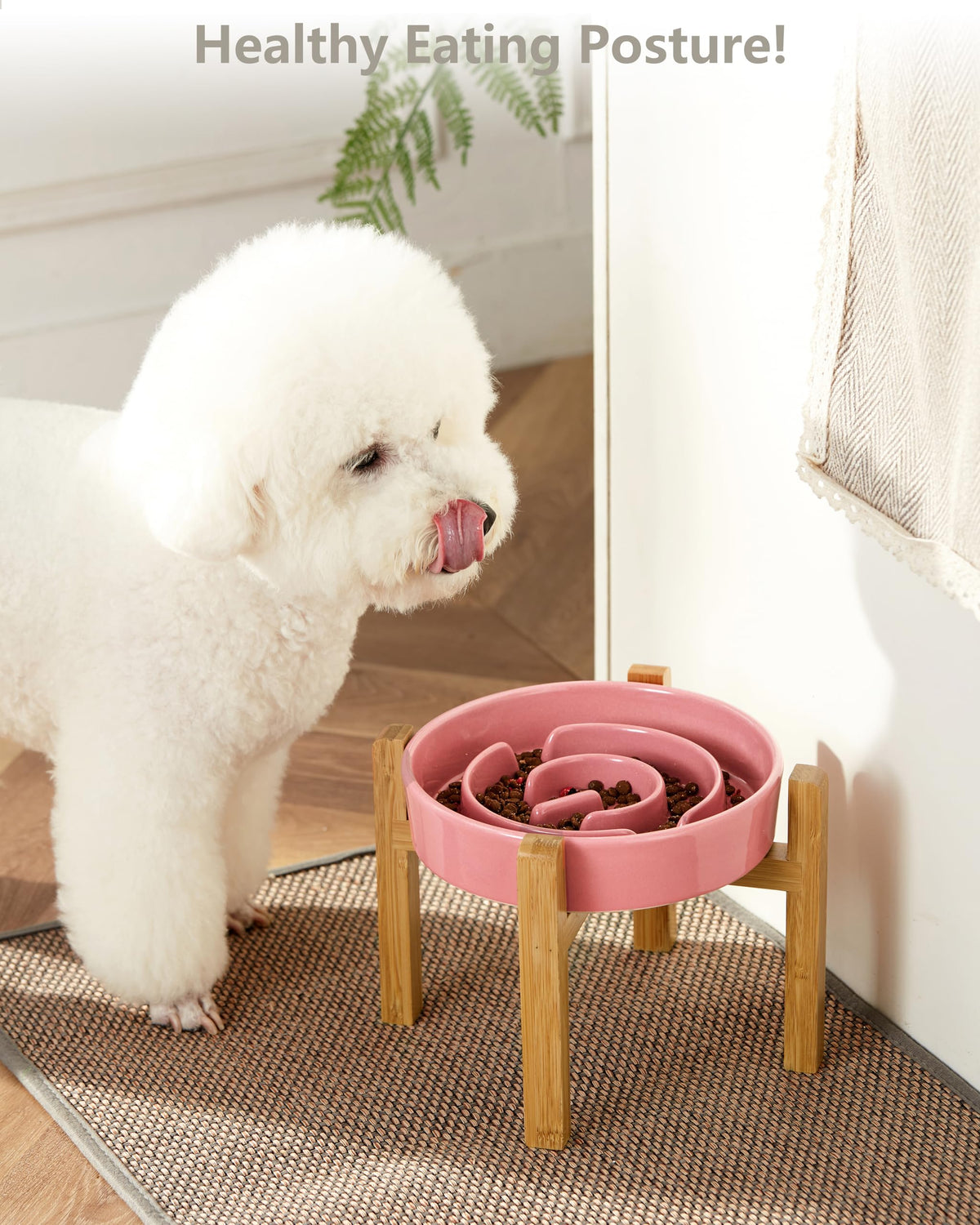 Ceramic Slow Feeder Dog Bowls Elevated (Pink + Stand / 8 Inches)