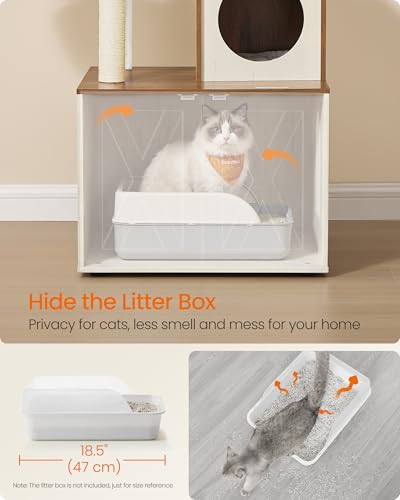 Cat Tree with Litter Box Enclosure (Rustic White + Honey Brown)