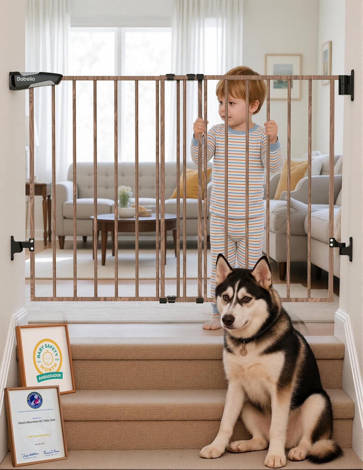 No Bottom Bar Baby Gate (Brown Wood Pattern - B17 / 28" H, 26-43" W-Standard)