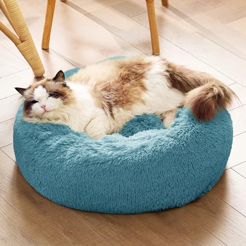 Calming Cat Beds Donut Round Washable Kitten Bed (20"L x 20"W x 6"Th / Washed Blue)