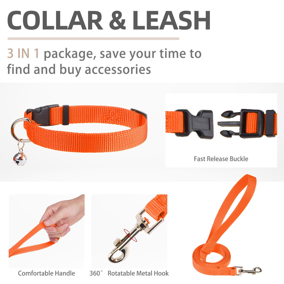 Dog Harness Collar and Leash Set No Pull for Small Medium Sized (Solid Orange / M (CHEST 16"-18"))
