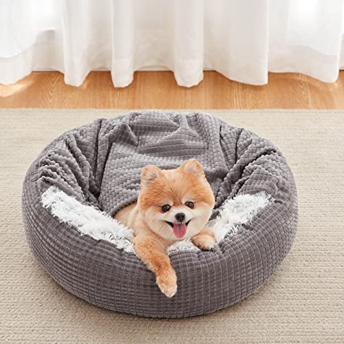 Small Dog Bed Cat Bed with Blanket Attached Donut Washable (23.0"L x 23.0"W x 6.0"Th)