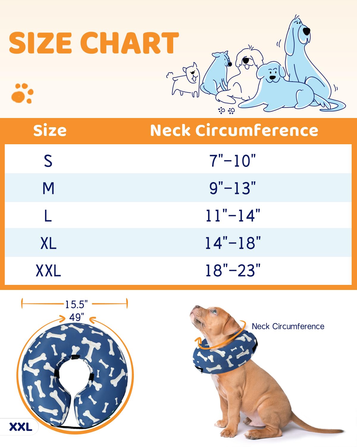 Inflatable Dog Cone Collar Alternative After Surgery (T Bone Navy / XXL(Neck 18.5"-23.5"))