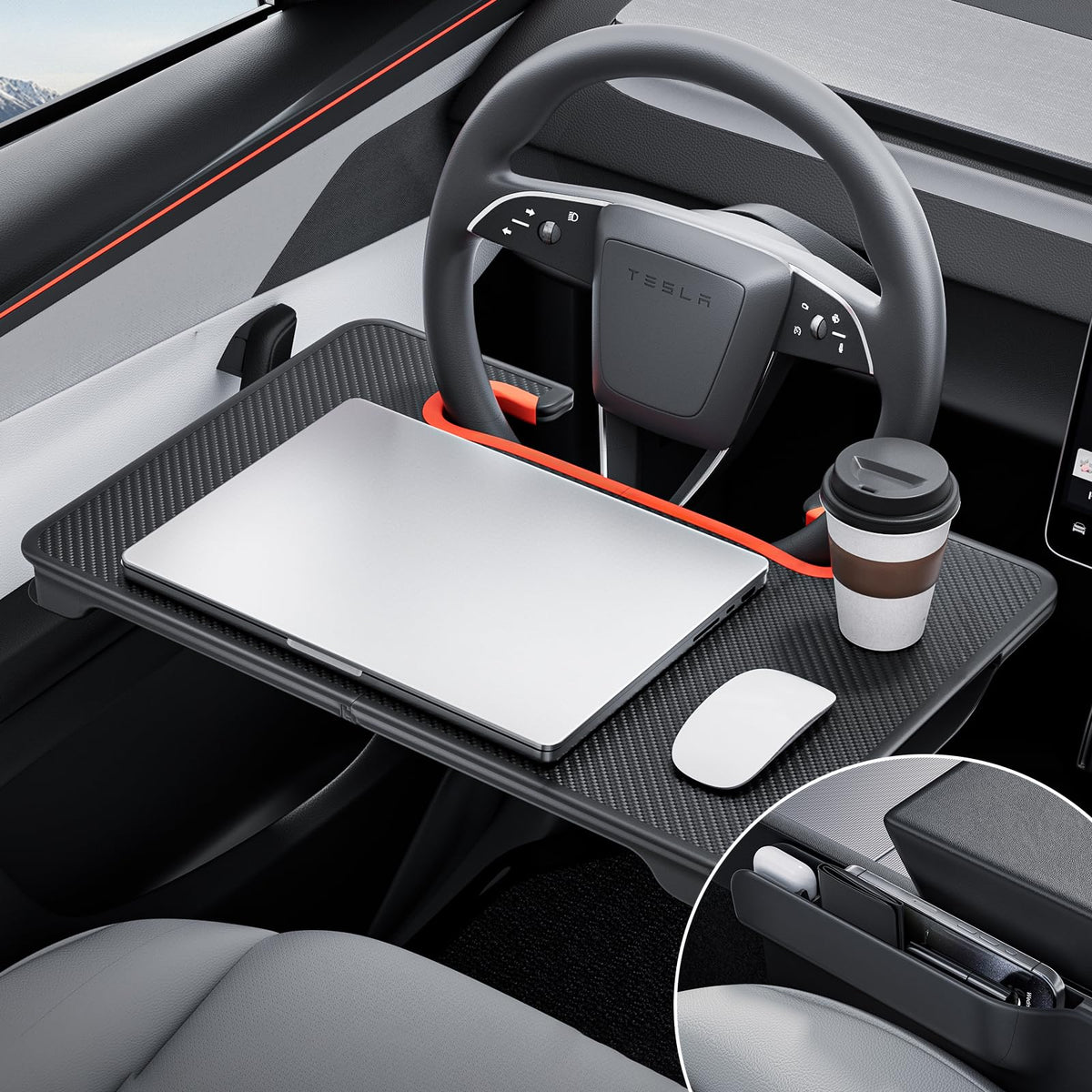 2-in-1 Car Steering Wheel Desk Tray & Car Seat Gap Filler Organizer – Foldable Carbon Fiber Look Table for Laptop, Eating, Writing – for Standard Round Steering Wheels (Orange)