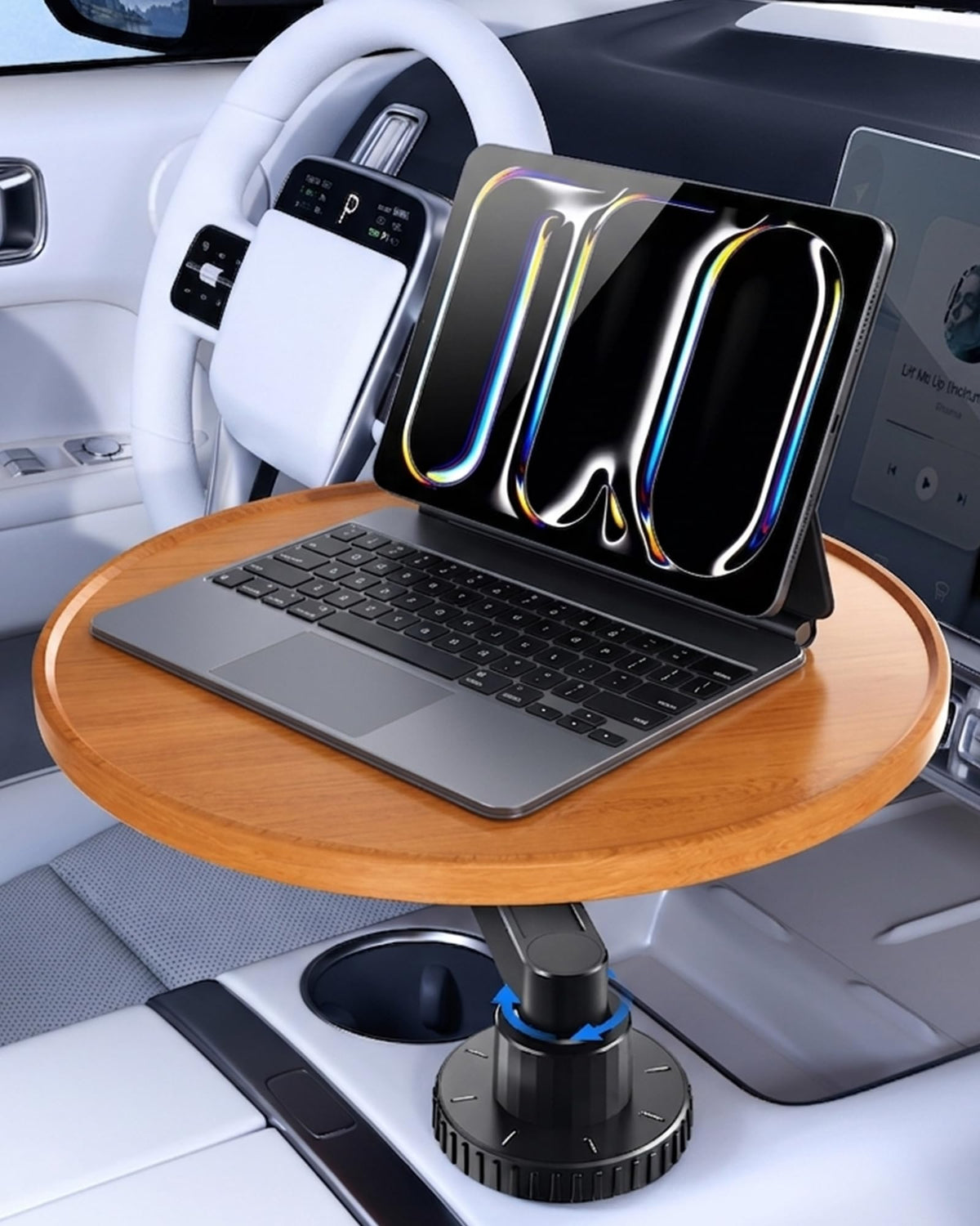 Tesla Model 3 Y Wood Car Cup Holder Tray Table for iPad Laptop Food (12.5"-Round Tray)