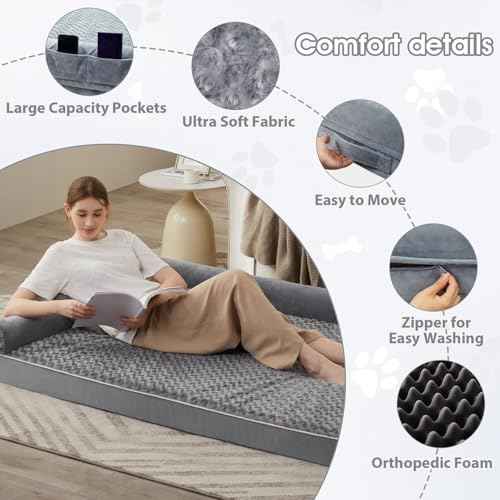 Orthopedic Washable Human Dog Bed for Adult & Dog Cozy Sleep (61"l x 43"w x 7"th / Grey)